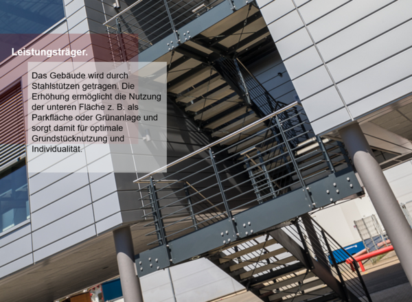 Teilansicht vom Bürogebäude "Space Cube" mit Textfeld